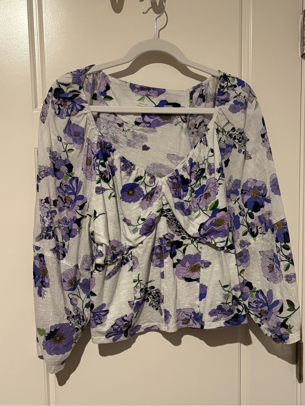 Anthropologie White Blouse with Purple Floral Print